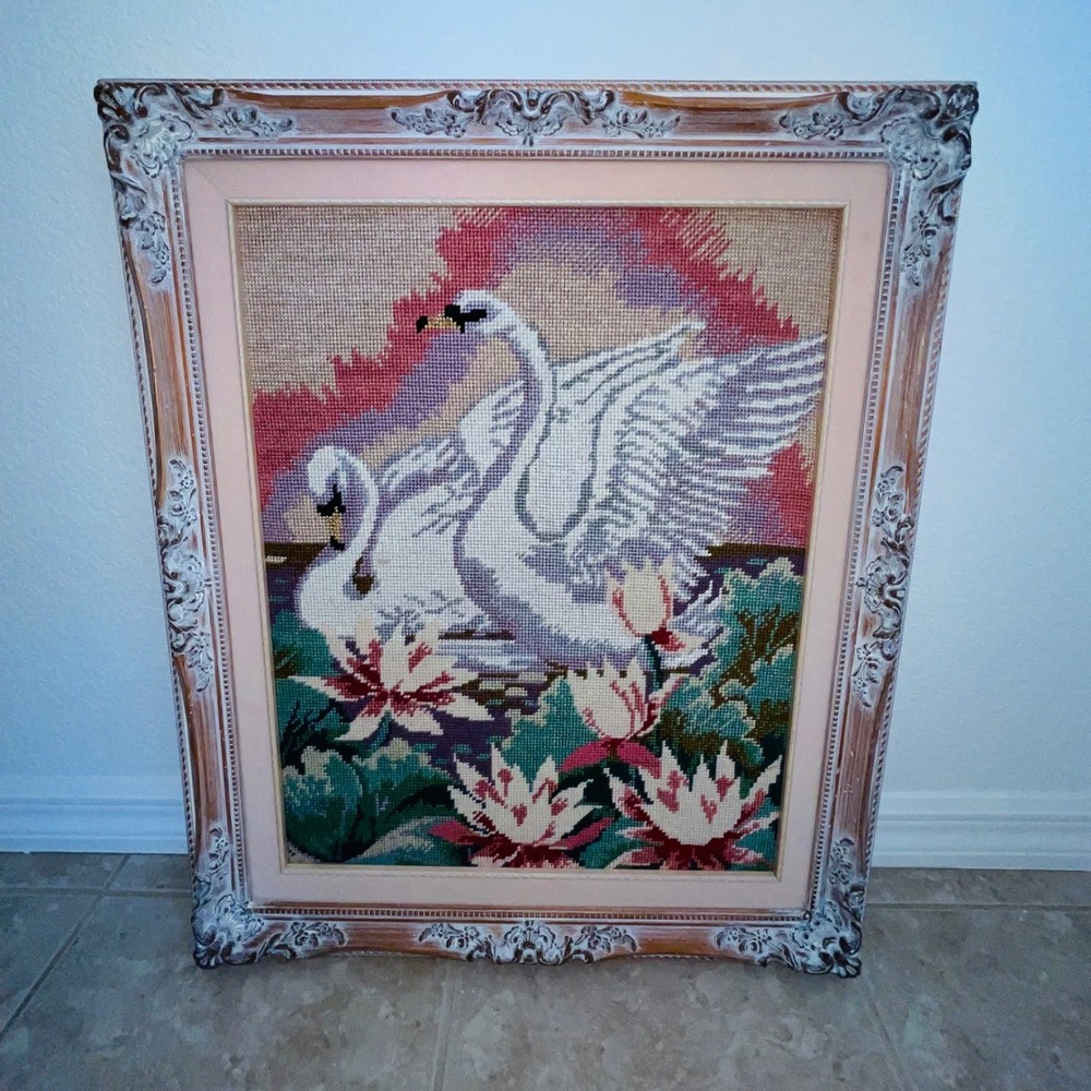 Vintage Framed Needlepoint Swan Water Lily Art Ornate White Gold Frame Large